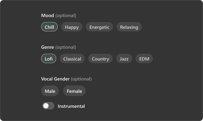 Select Lofi Style, Instruments, or Tempo