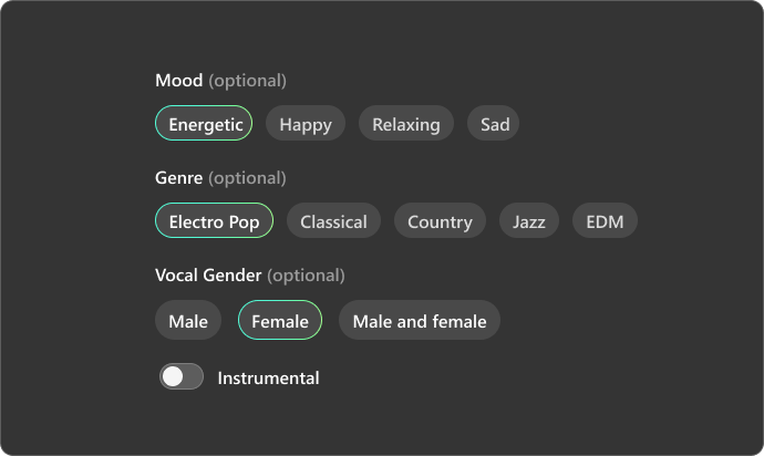 Customize Music Style, Tempo, or Vocal Type